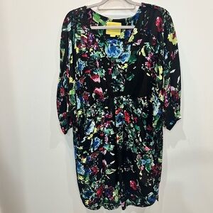 Anthropologie Maeve Petal Palette Black Floral Dolman Sleeve Dress Size Medium‎